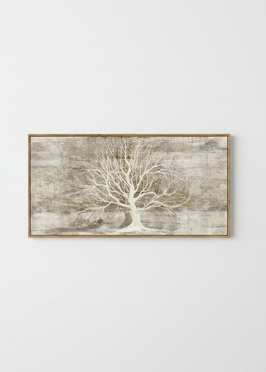 Framed artwork of a white tree on a textured beige background
