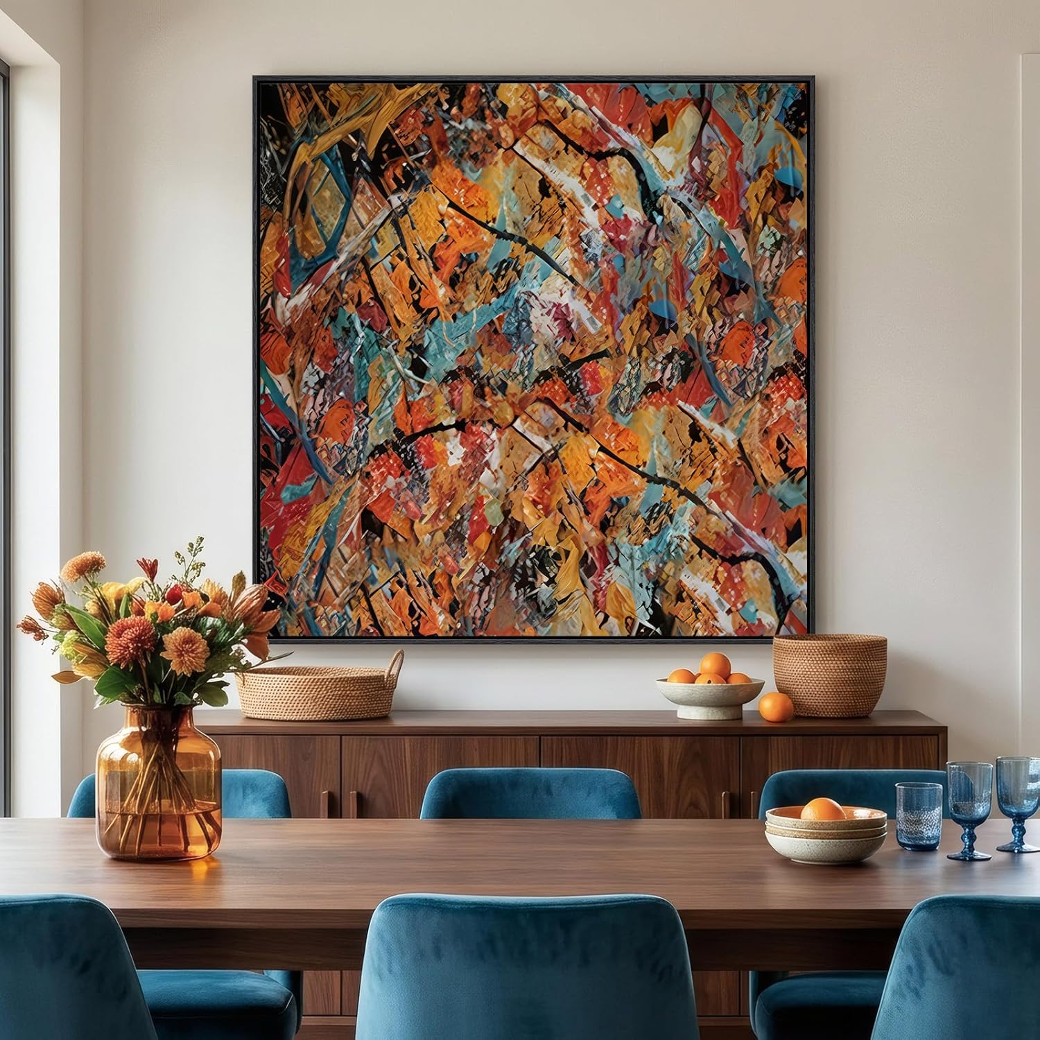 Dining room with a large abstract painting on the wall, table with chairs, and decorative items.