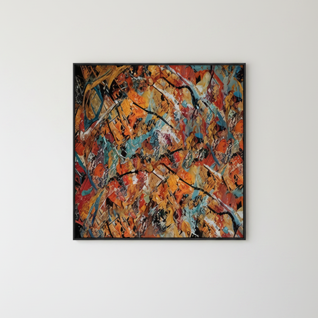 An abstract square canvas painting with a black frame, featuring a dynamic splatter and drip pattern in orange, red, blue, yellow, and black, displayed on a neutral light gray wall.