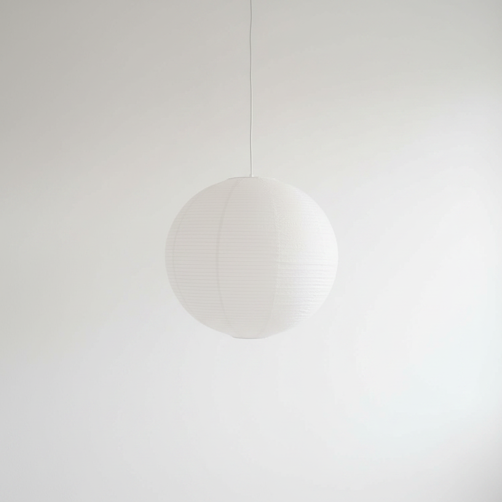 A white spherical paper lantern-style pendant light hanging from a thin cord against a plain white wall.