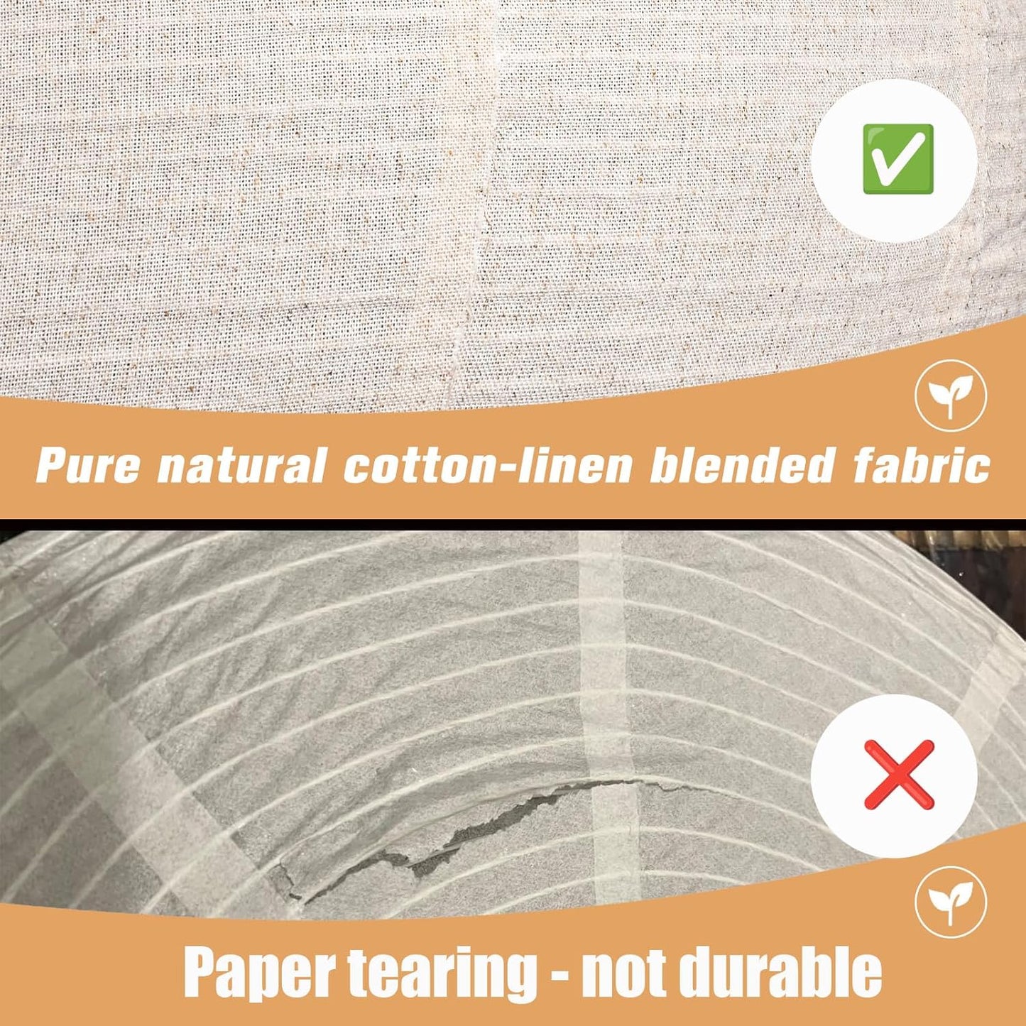 Textured fabric with a check mark indicating durability, and a cross indicating paper tearing.