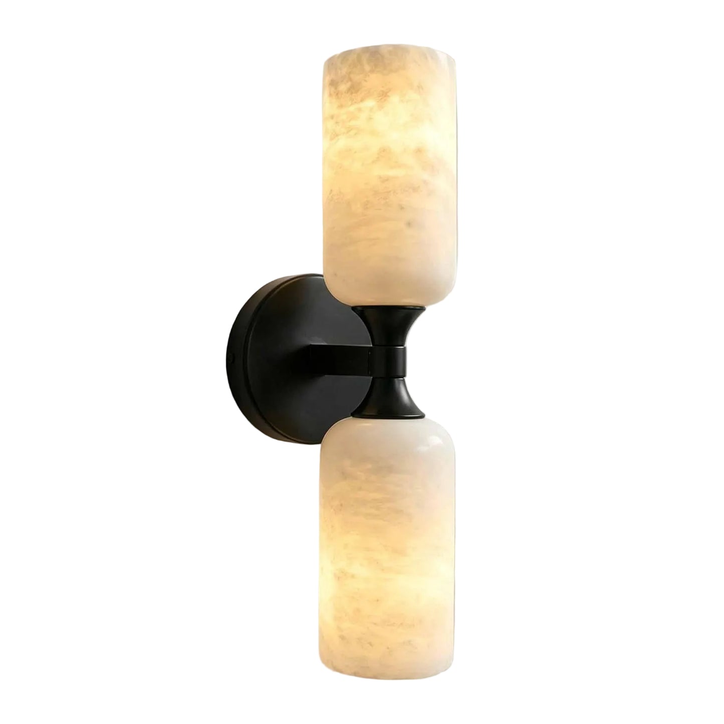 Wall-mounted light fixture with two glass shades on a plain background