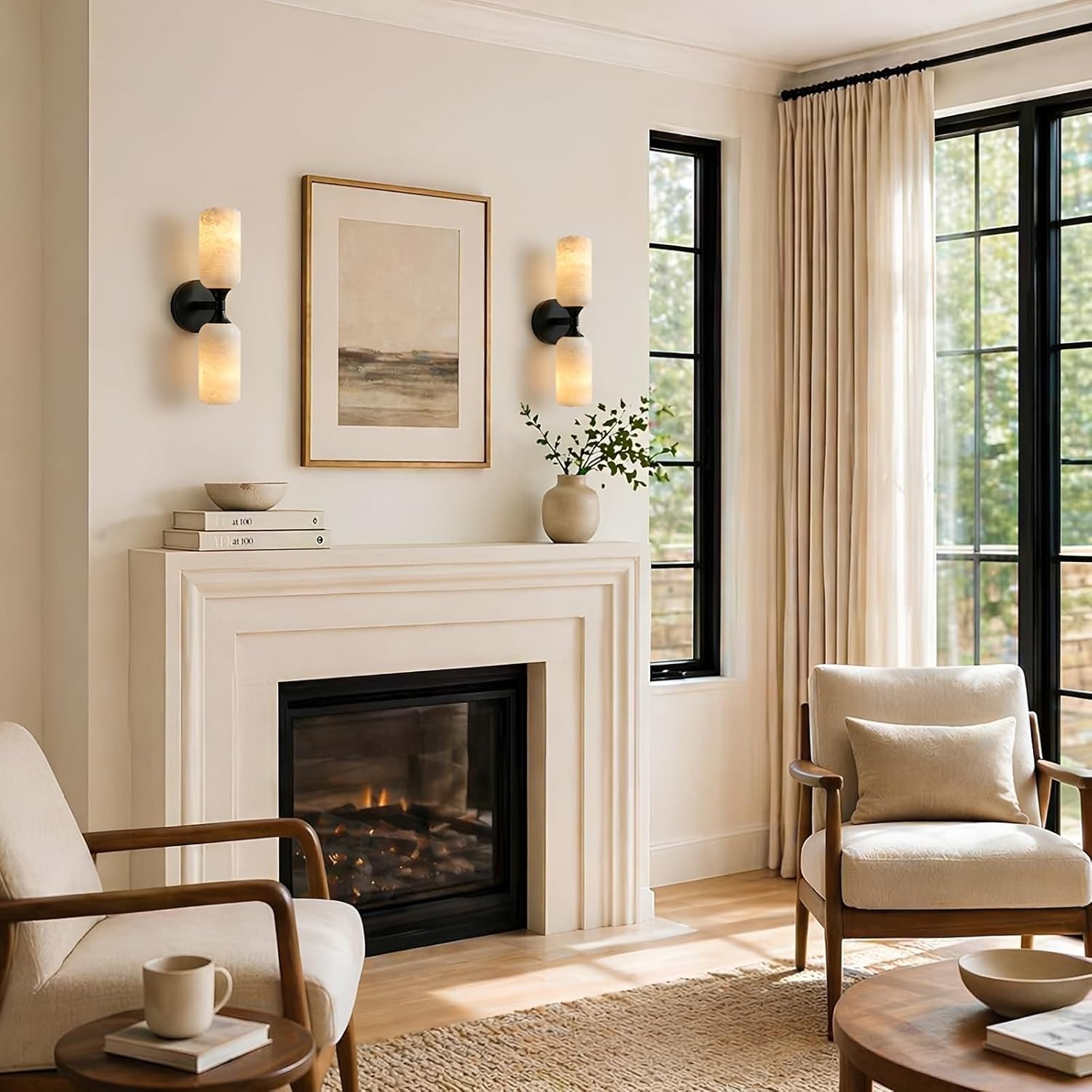 Cozy living room with fireplace, armchairs, and a window.