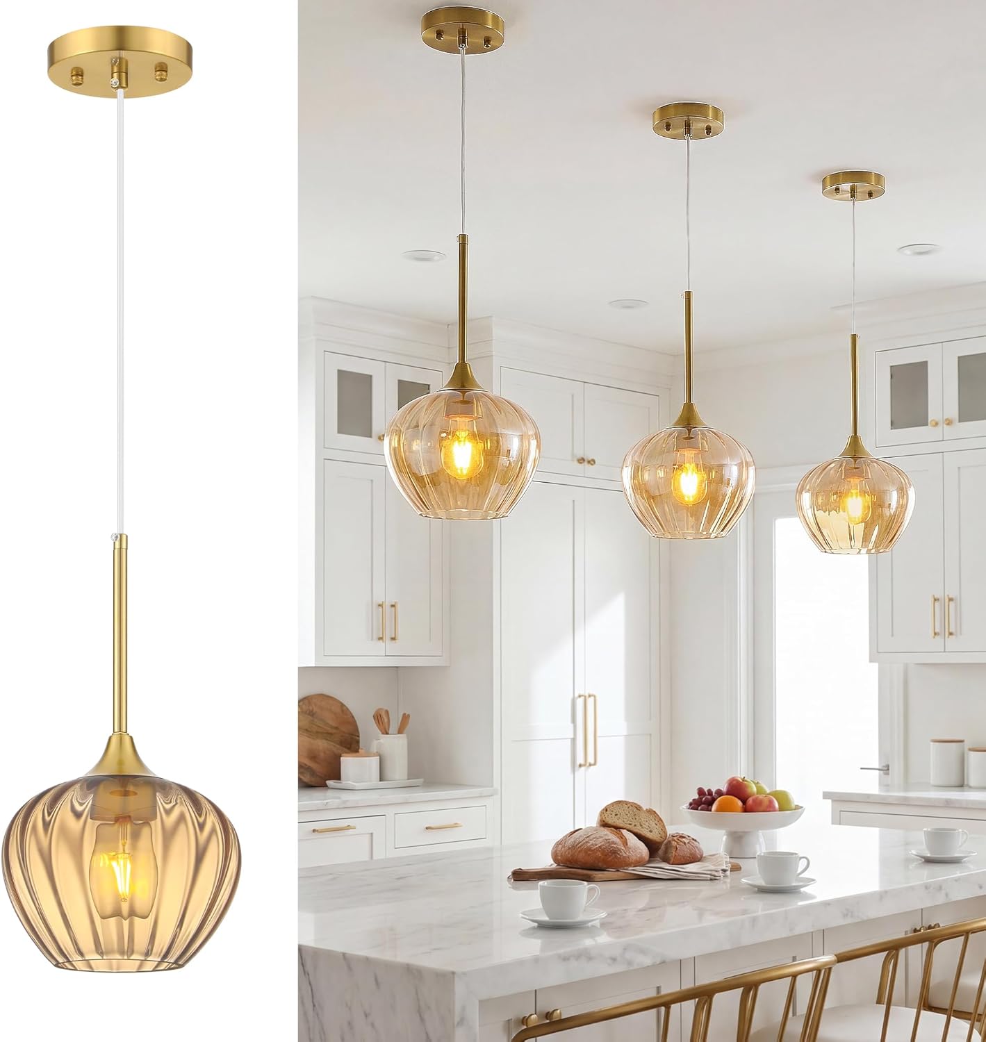 Gold pendant lights with glass shades in a kitchen setting