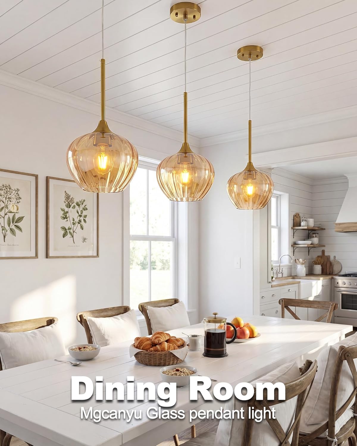 Dining room with glass pendant lights and a table set for a meal.