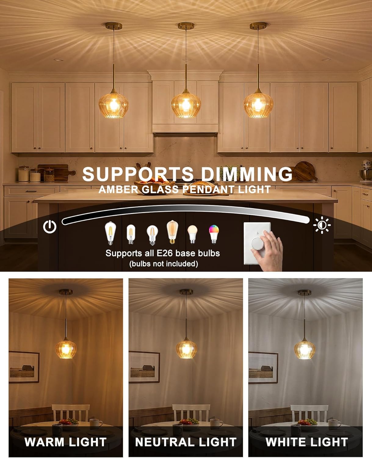 Amber glass pendant light in a kitchen setting with dimming control features.