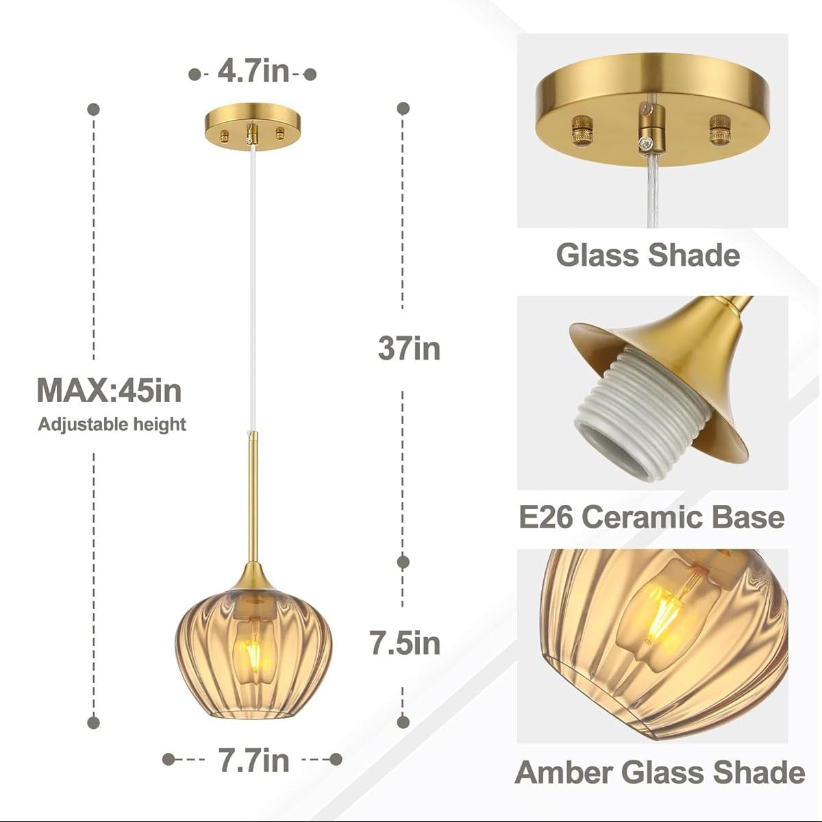 Gold pendant light with glass shade and E26 ceramic base, showing dimensions and features.