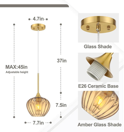 Gold pendant light with glass shade and E26 ceramic base, showing dimensions and features.