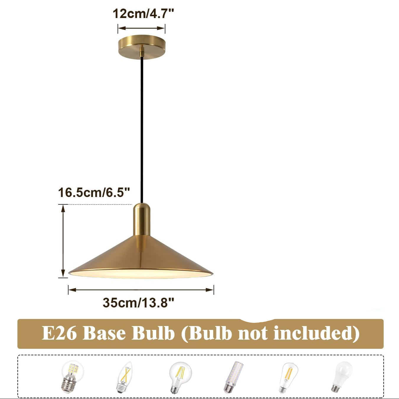 Product dimension diagram for a brass pendant light fixture with a decorative floral enamel plate, showing measurements of 12cm canopy, 16.5cm cord, 35cm shade diameter, and 35cm plate diameter, on a white background.
