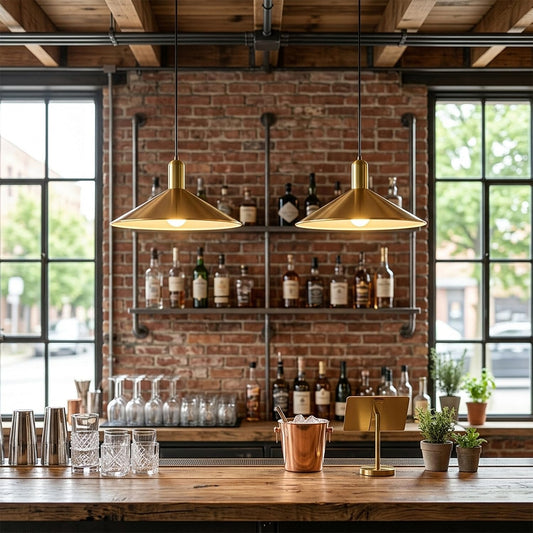 Two modern pendant lights with brushed gold metal shades hang over a rustic wooden bar counter in a brick-walled bar interior.