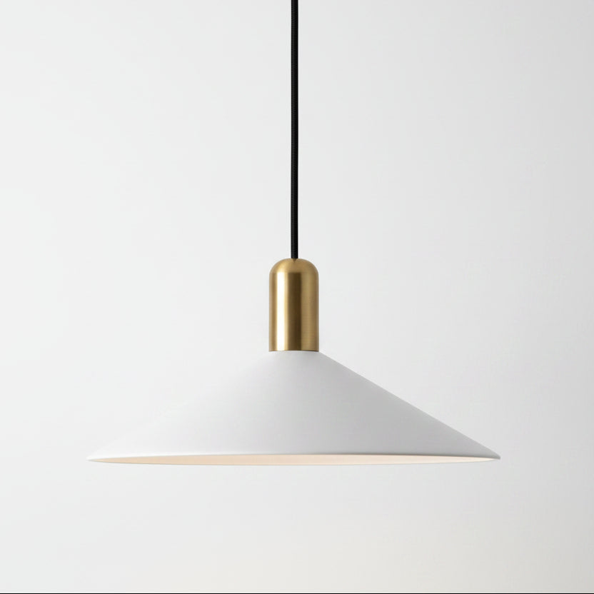 A modern pendant light with a white conical shade, a black hanging cord, and a gold cylindrical accent, shown against a plain white background.