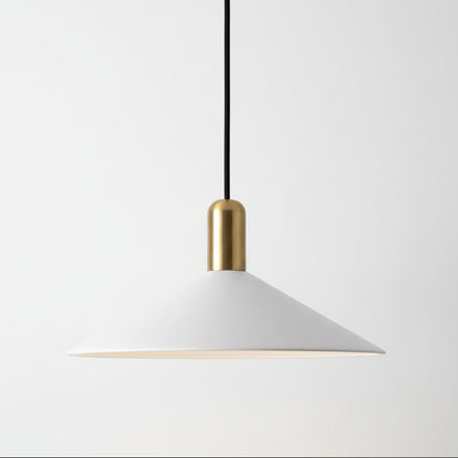 A modern pendant light with a white conical shade, a black hanging cord, and a gold cylindrical accent, shown against a plain white background.