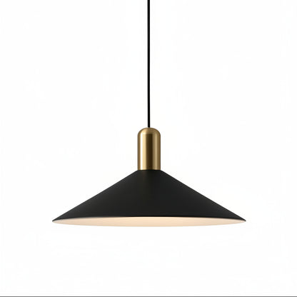 A modern pendant light with a black conical shade, a black suspension rod and canopy, and a brushed brass accent collar, shown against a plain white background.