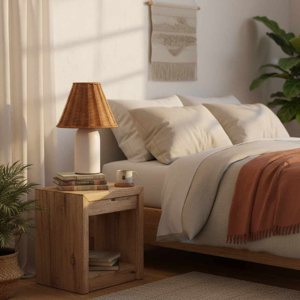 A styled bedroom scene with a wooden bed frame, cream bedding, a terracotta throw blanket, a rustic wood nightstand, a woven lampshade table lamp, and potted plants in a softly lit room.