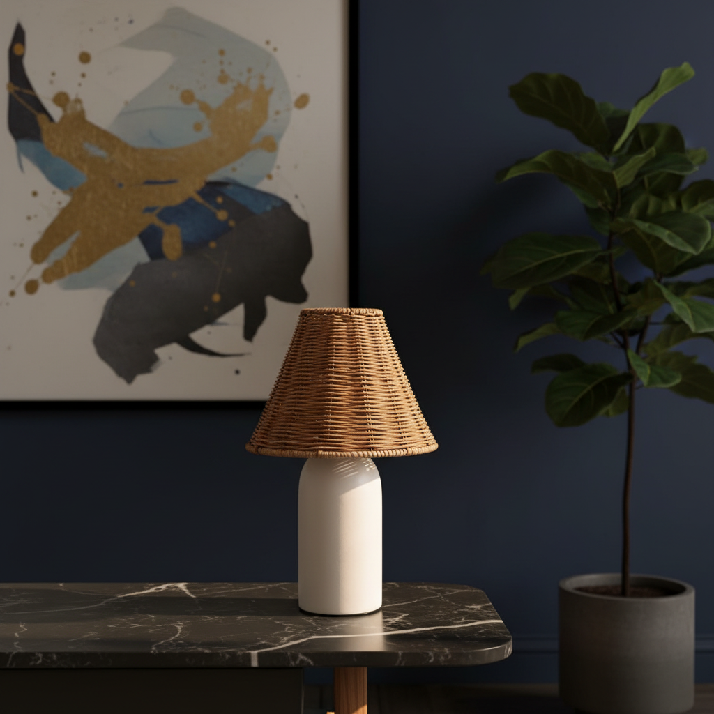 A table lamp with a natural woven rattan shade and a matte white cylindrical base sits on a dark marble-topped table in a styled room. A dark blue wall, an abstract fish painting, and a potted fiddle-leaf fig plant are visible in the background.