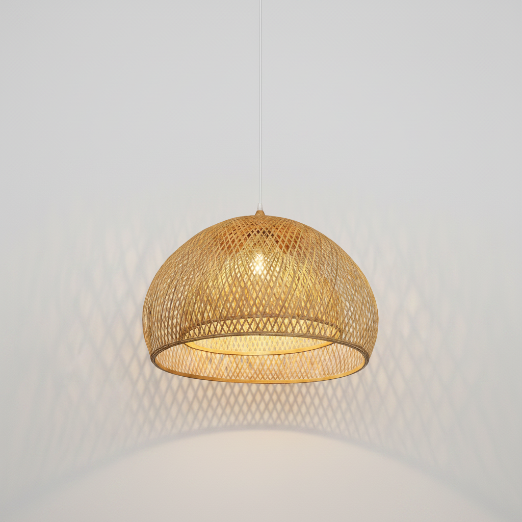 A dome-shaped pendant light fixture made of woven natural rattan or wicker, suspended from a thin white cord against a plain white background.