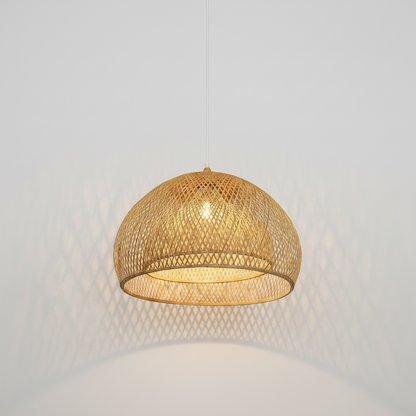 A dome-shaped pendant light fixture made of woven natural rattan or wicker, suspended from a thin white cord against a plain white background.
