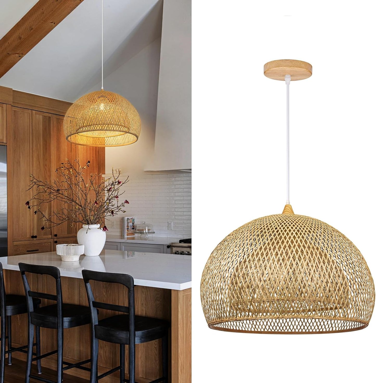 A woven dome pendant light in a natural rattan or wicker finish, shown hanging in a modern kitchen on the left and isolated on a white background on the right. The ceiling mount and cord are light wood and white.