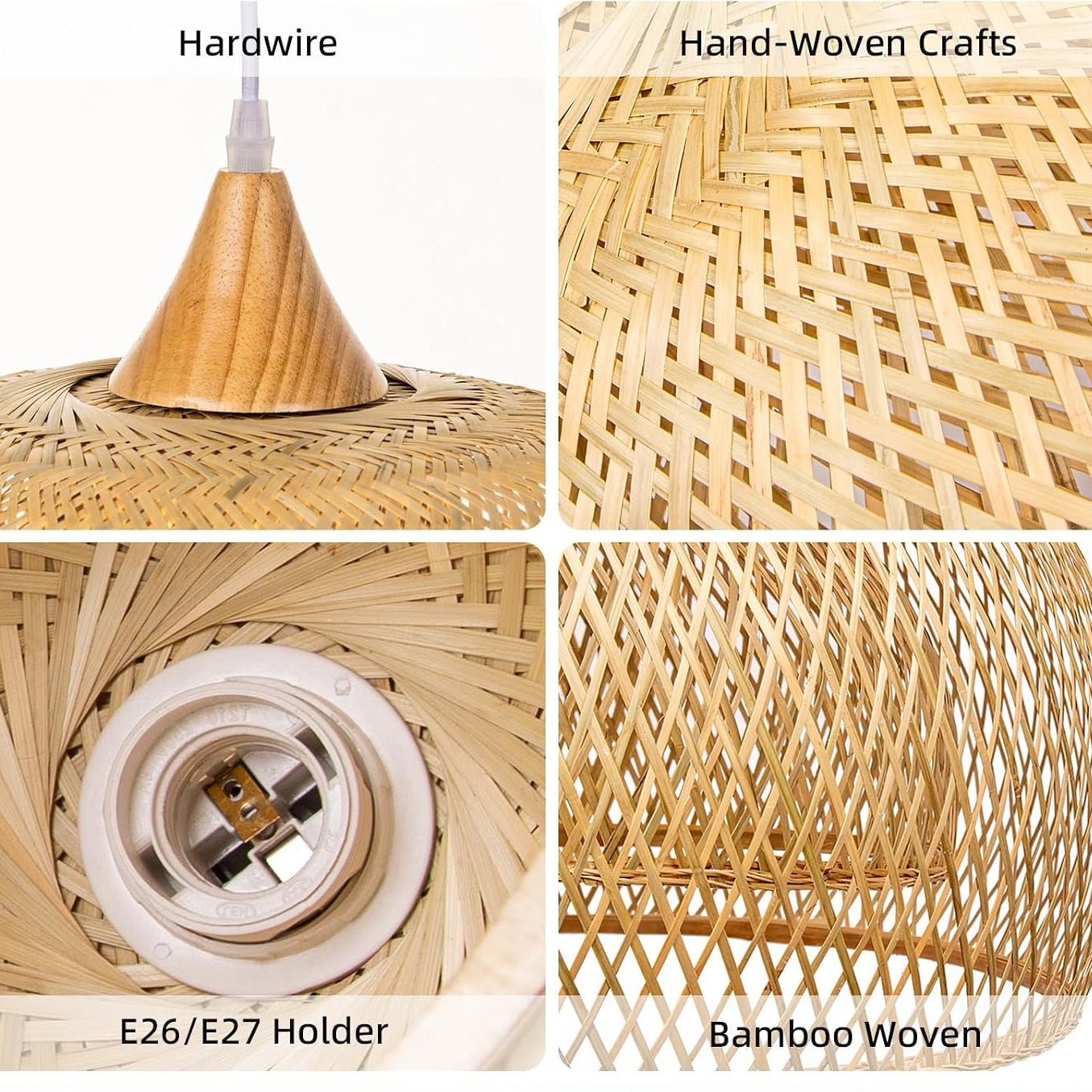 Four-panel detail display of a woven bamboo pendant light shade, showing the hardware, hand-woven craft texture, E26/E27 socket holder, and close-up of the bamboo weave. Text labels describe each detail section.