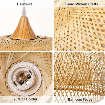 Four-panel detail display of a woven bamboo pendant light shade, showing the hardware, hand-woven craft texture, E26/E27 socket holder, and close-up of the bamboo weave. Text labels describe each detail section.