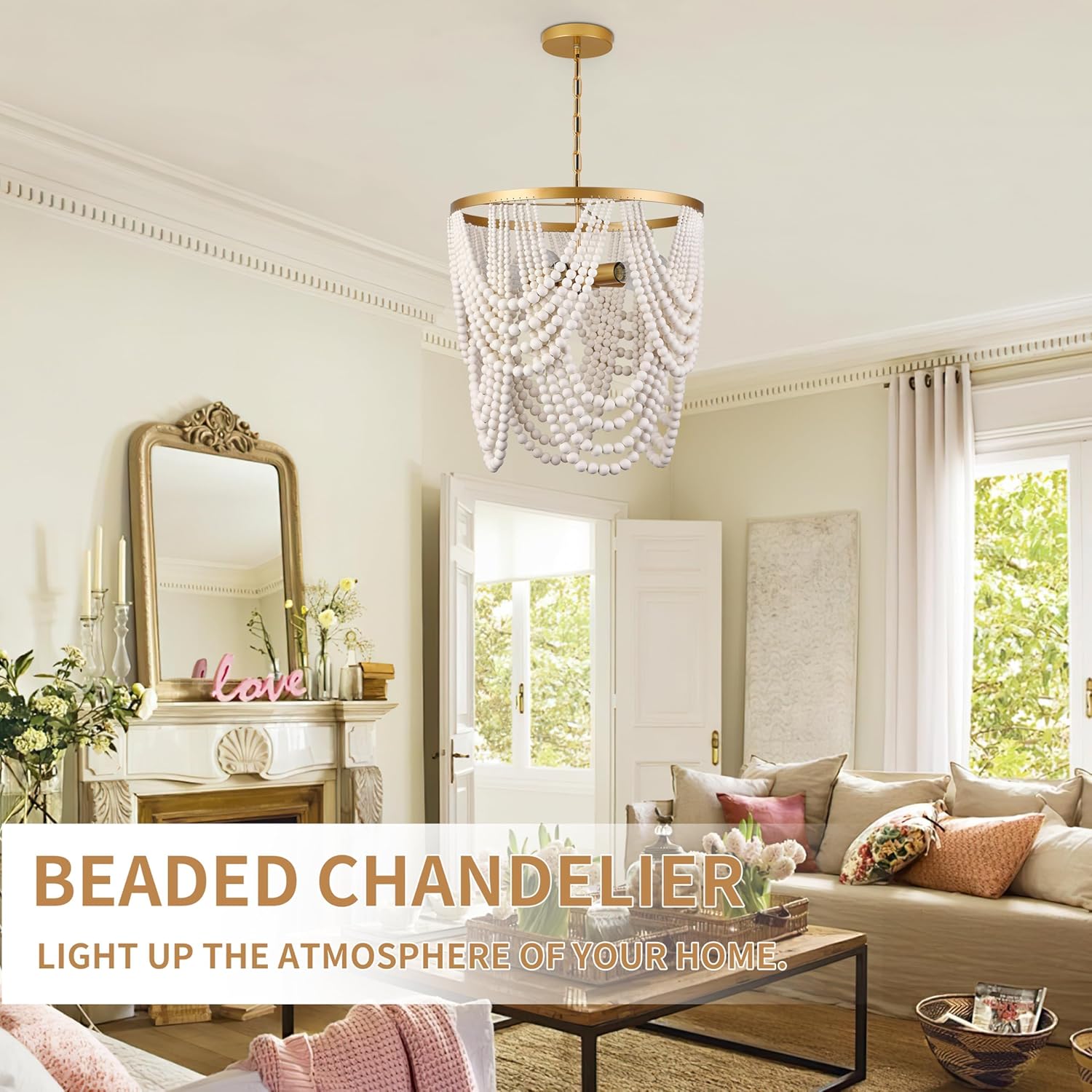 Beaded chandelier hanging in a living room with decor elements.