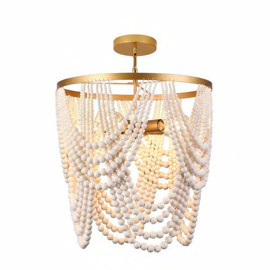 Chandelier with gold frame and white beads on a white background