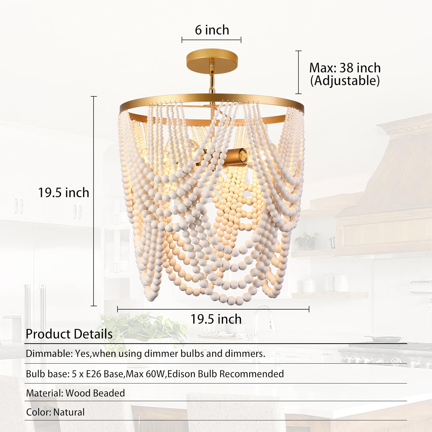 Chandelier with dimensions and product details on a white background