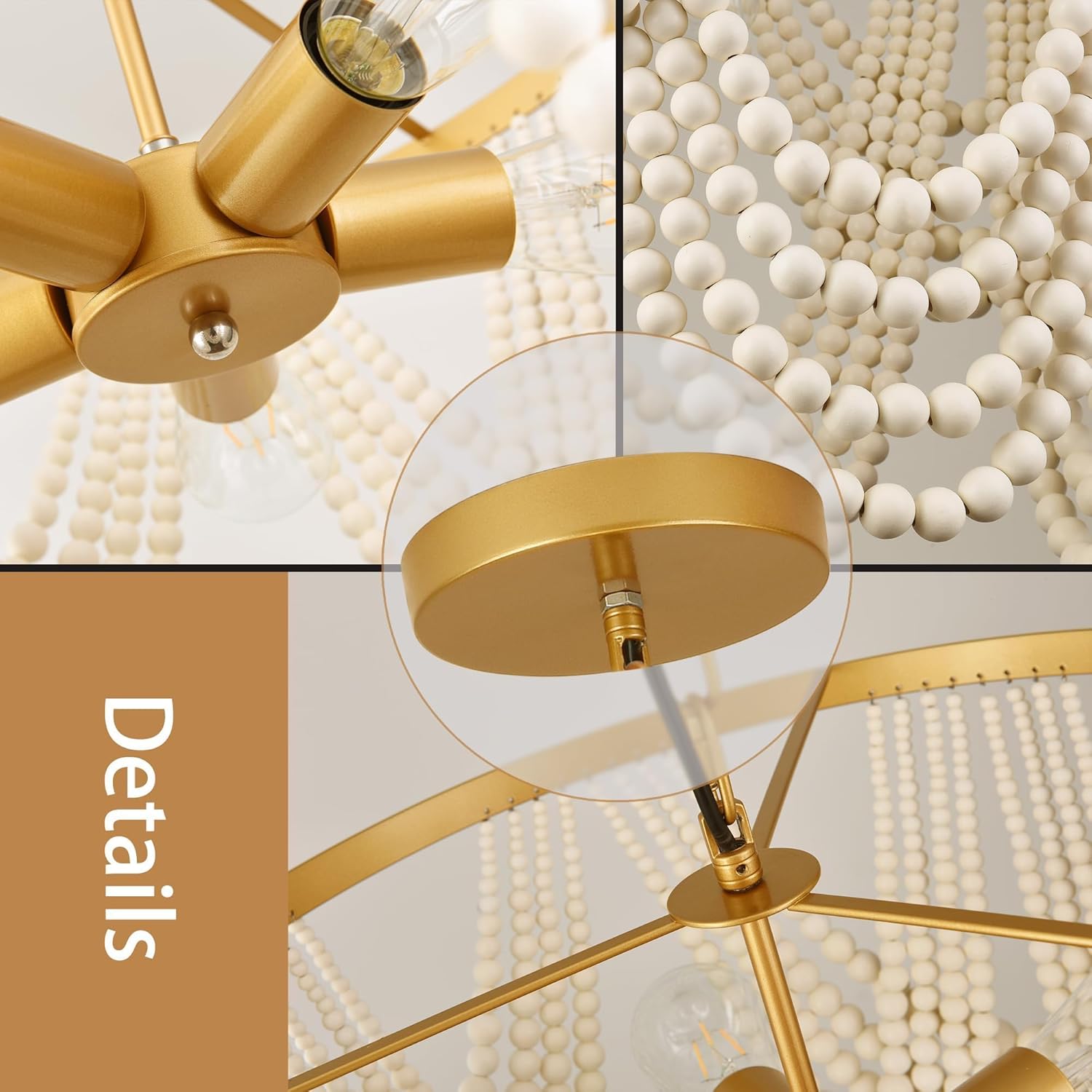 Gold chandelier with close-up details against a neutral background