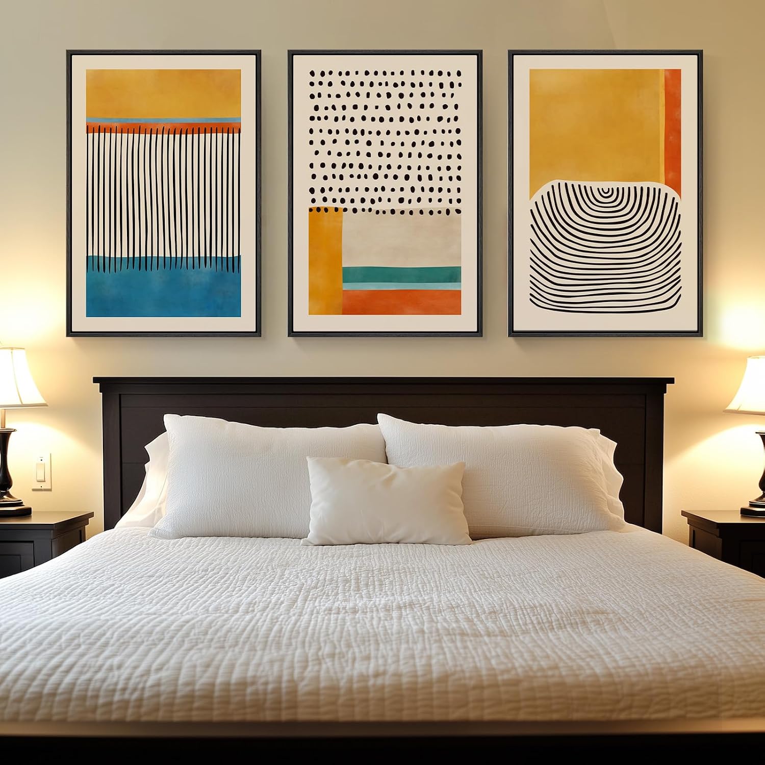 Bedroom with a bed and abstract art on the wall