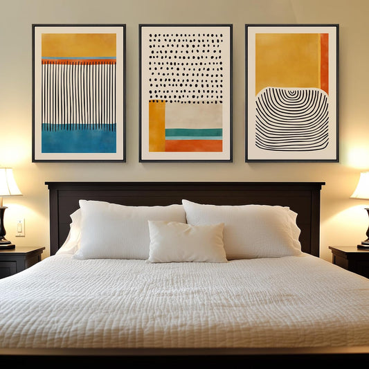 Bedroom with a bed and abstract art on the wall