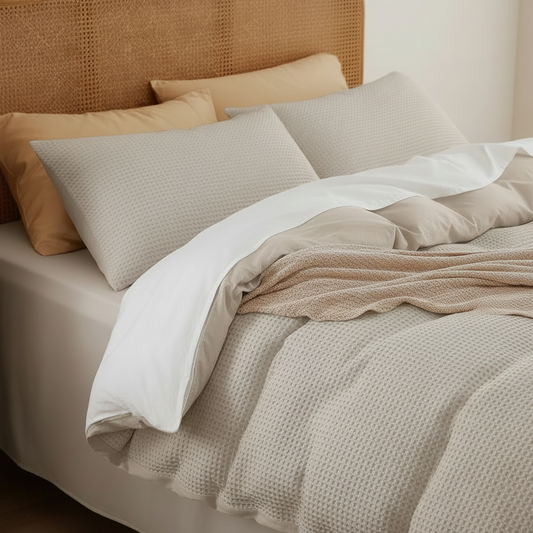 A neatly made bed with textured bedding in neutral tones, including a cream quilt, white duvet, beige pillows, and a tan woven headboard.