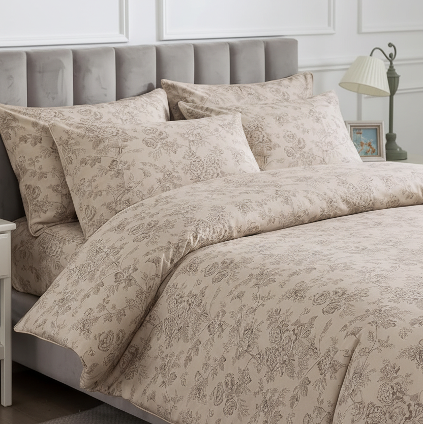 A beige and taupe floral-patterned duvet cover and pillowcase set styled on a bed with a gray tufted headboard in a bedroom setting.