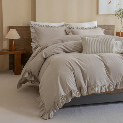 Beige Ruffle Shabby Duvet Cover Set