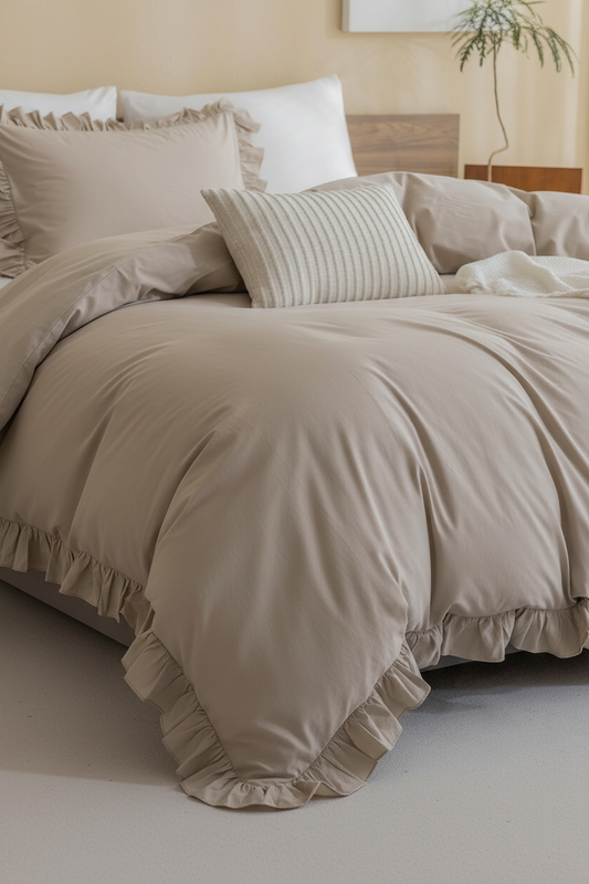 Beige Ruffle Shabby Duvet Cover Set