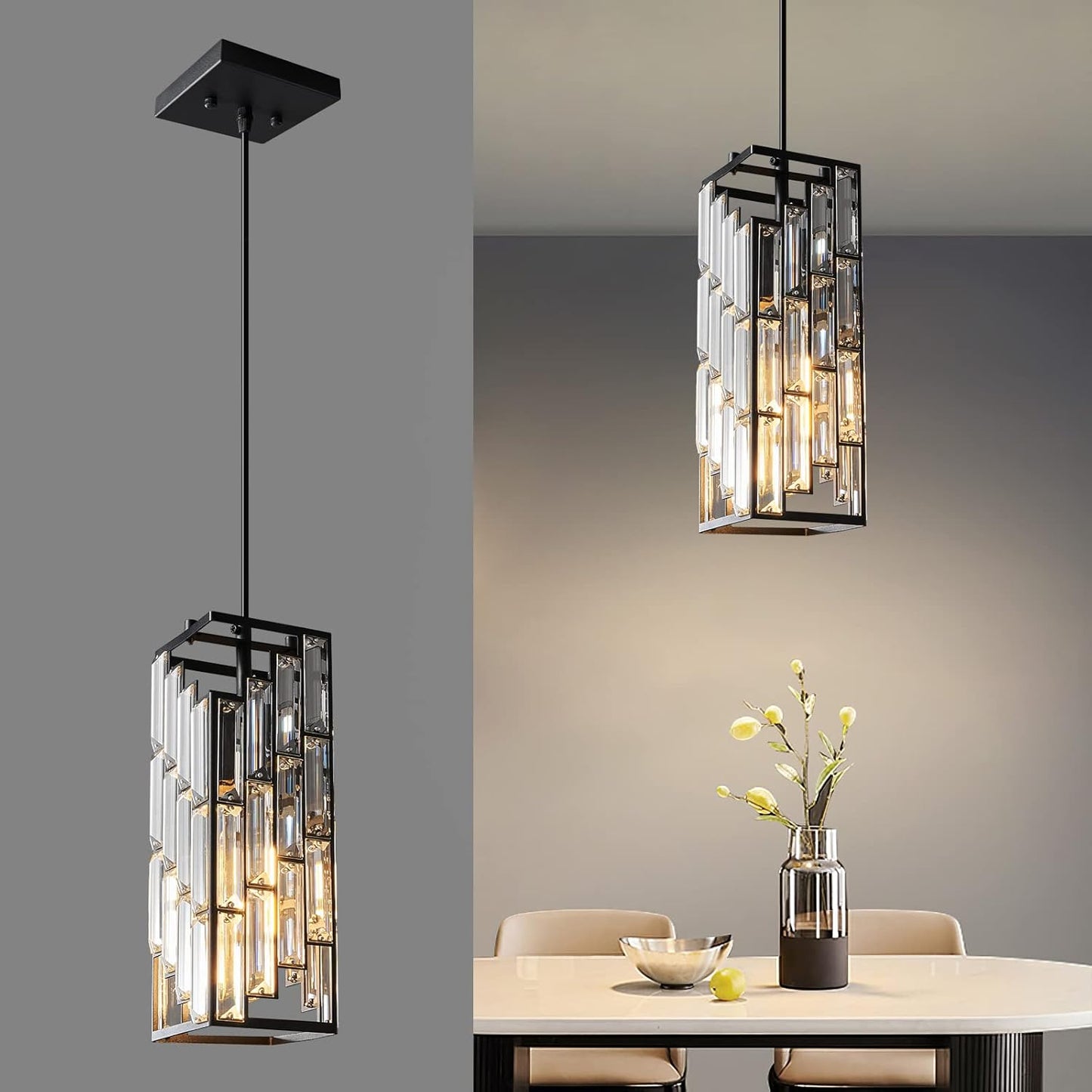 Modern pendant light fixture with decorative glass panels, shown on a gray background and in a dining room setting.