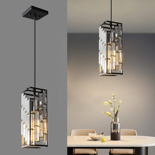 Modern pendant light fixture with decorative glass panels, shown on a gray background and in a dining room setting.