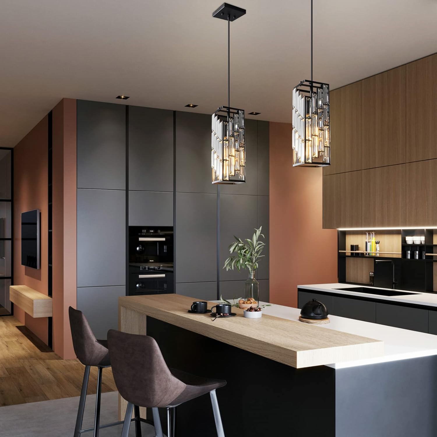 Modern kitchen with island, pendant lights, and sleek cabinetry.