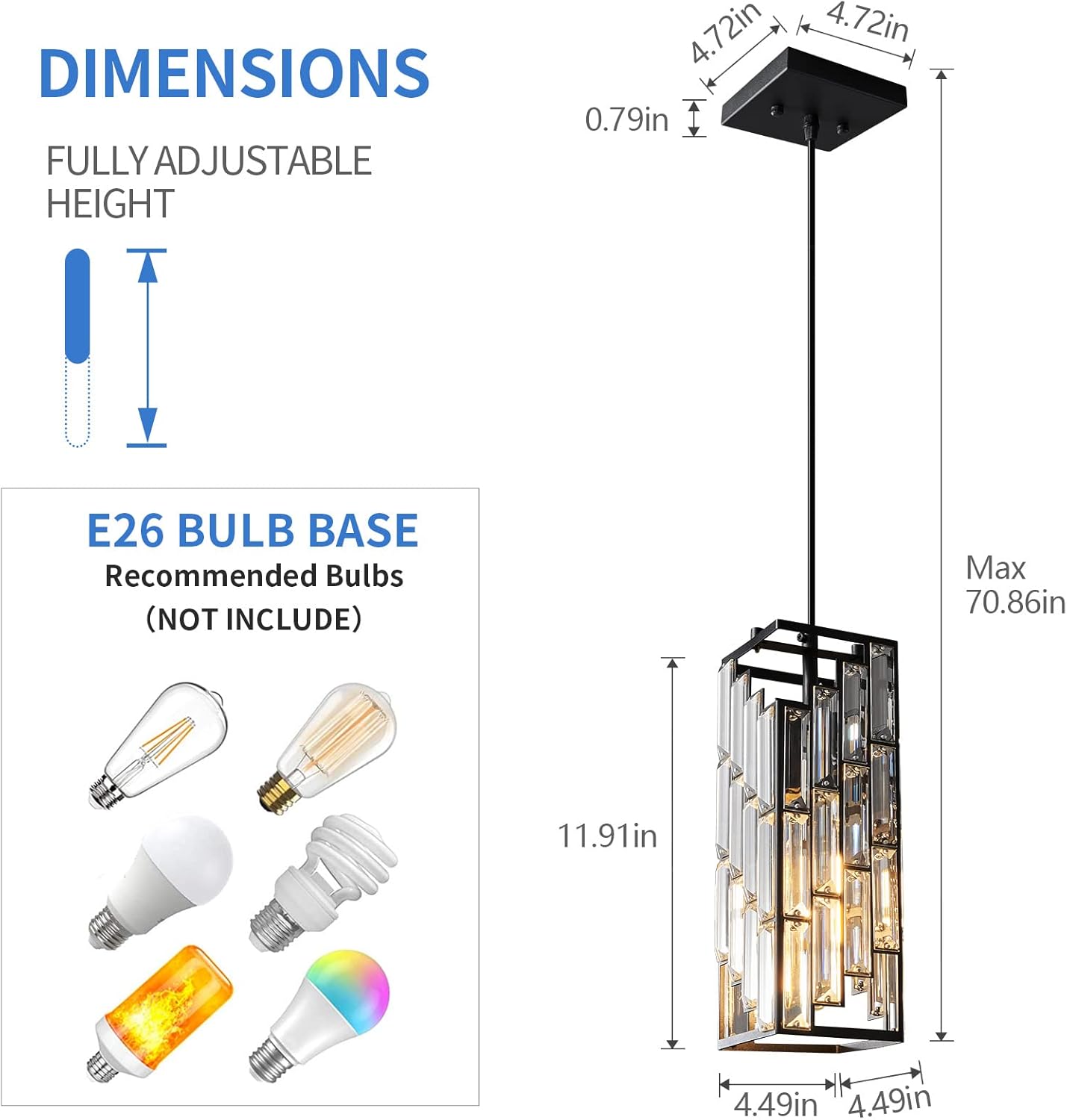 Pendant light fixture with dimensions and bulb compatibility on a white background
