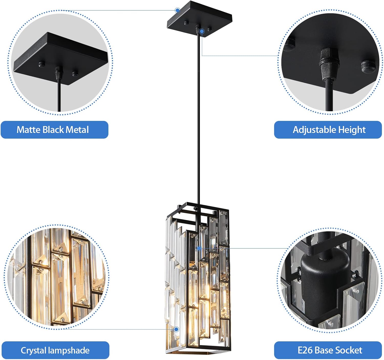 Black pendant light with crystal lampshade, adjustable height, and E26 base socket features.