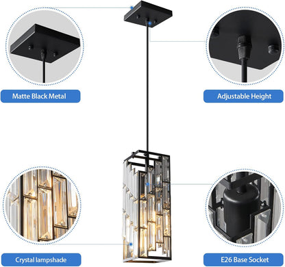 Black pendant light with crystal lampshade, adjustable height, and E26 base socket features.