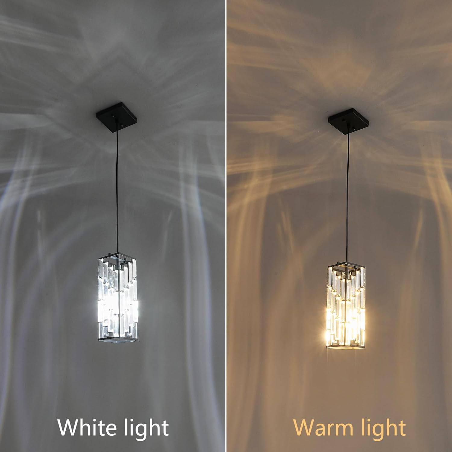 Pendant light fixture casting shadows on a wall with 'White light' and 'Warm light' labels.
