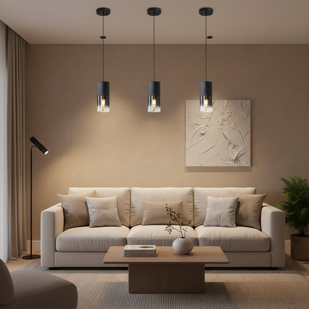 Modern kitchen with marble backsplash and pendant lights, featuring a collage of three different kitchen designs.