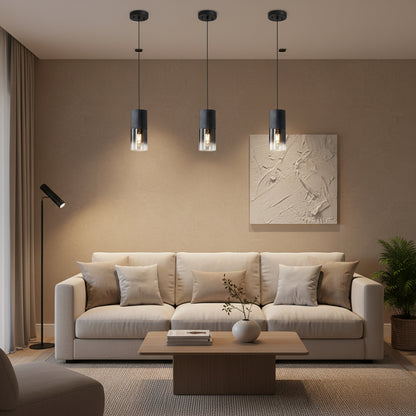 Modern kitchen with marble backsplash and pendant lights, featuring a collage of three different kitchen designs.