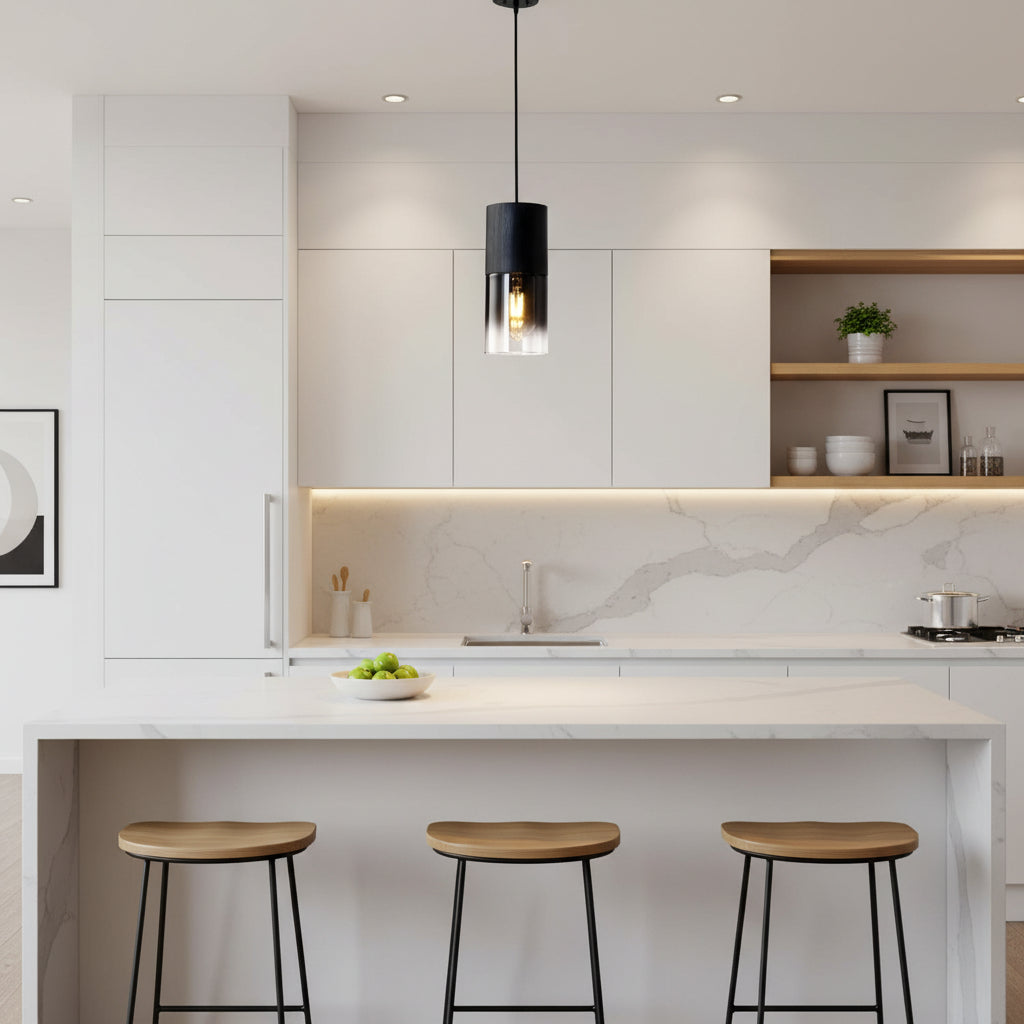 Modern kitchen with a sink, window, and decorative elements.