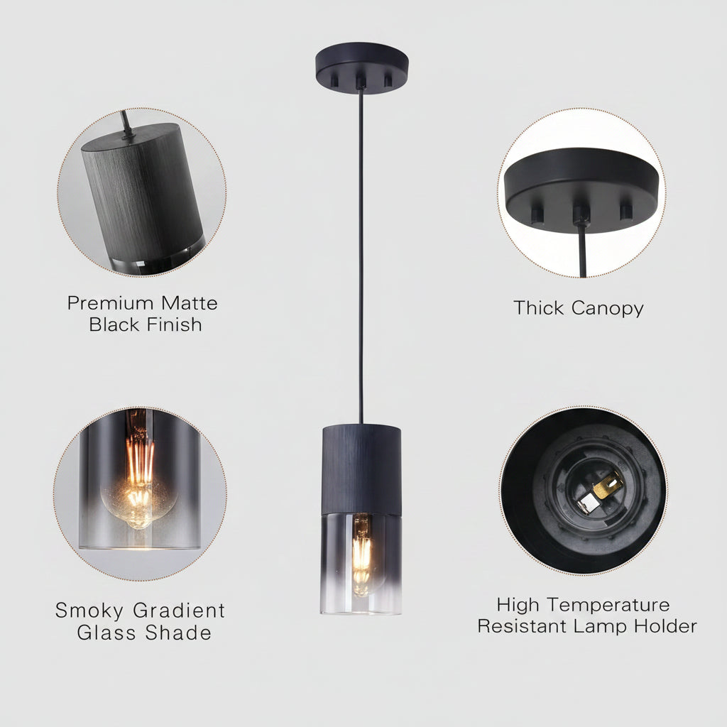 Black pendant light with detailed features on a white background