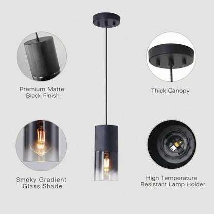 Black pendant light with detailed features on a white background