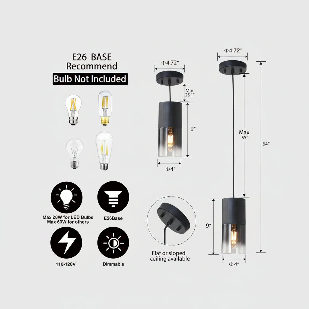 Pendant light fixture with dimensions and bulb compatibility information on a white background