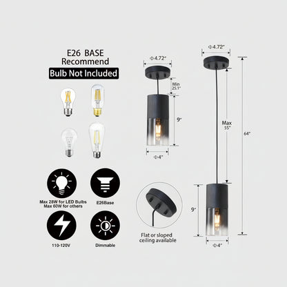 Pendant light fixture with dimensions and bulb compatibility information on a white background