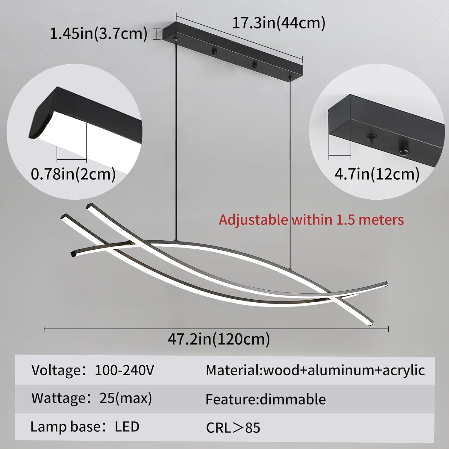 Wall-mounted light fixture with dimensions and specifications on a gray background