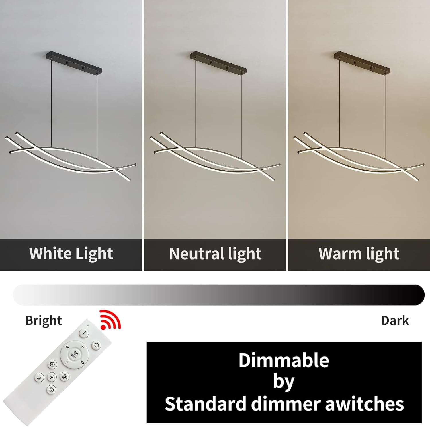 LED pendant light with color temperature options and a dimmer switch.